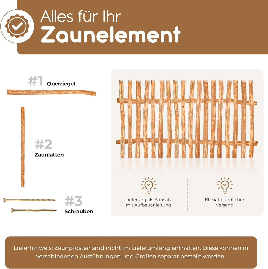 BooGardi Zaunelement Haselnuss · 144 Grössen · 50 x 90 cm (7-9 cm) · Staketenzaun Bausatz für Latten