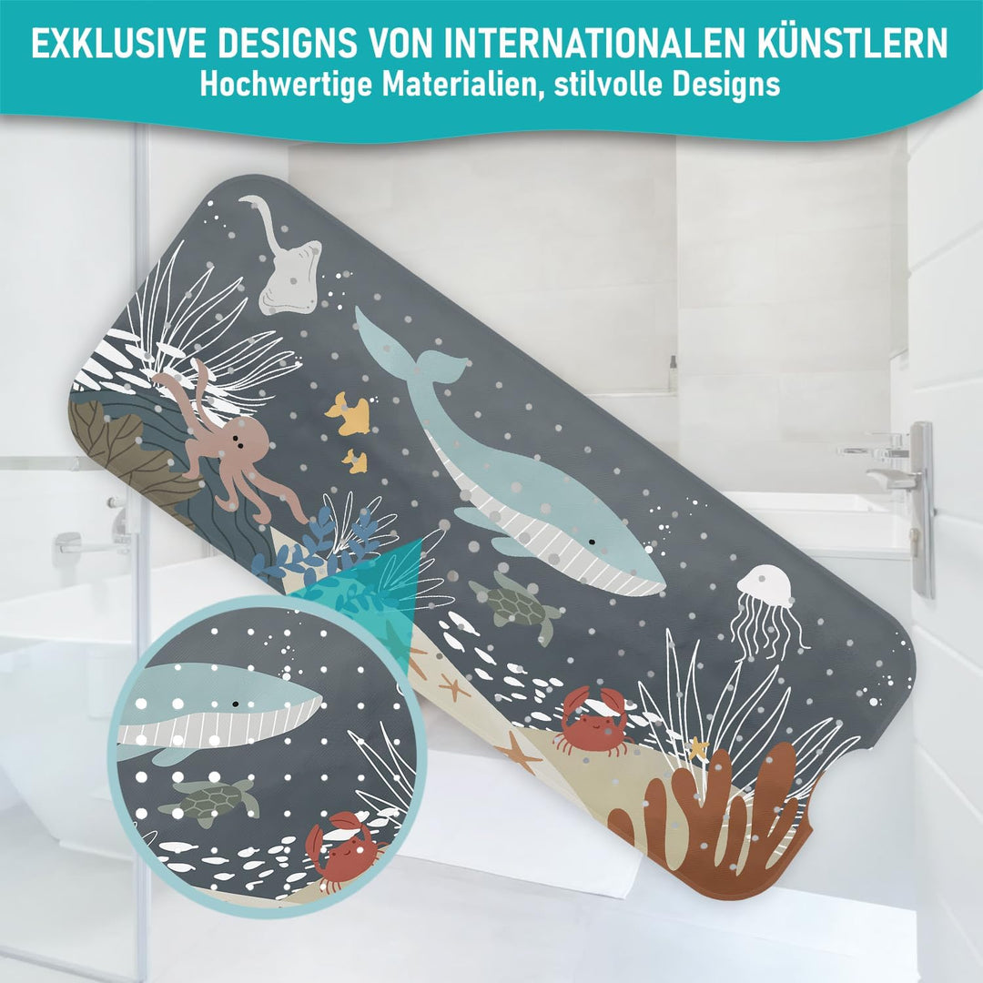 Badewannenmatte 100x40 cm Wasserwelt Dunkelgrau| Badematte rutschfest | Inkl. Aufhängung | Schimmelr