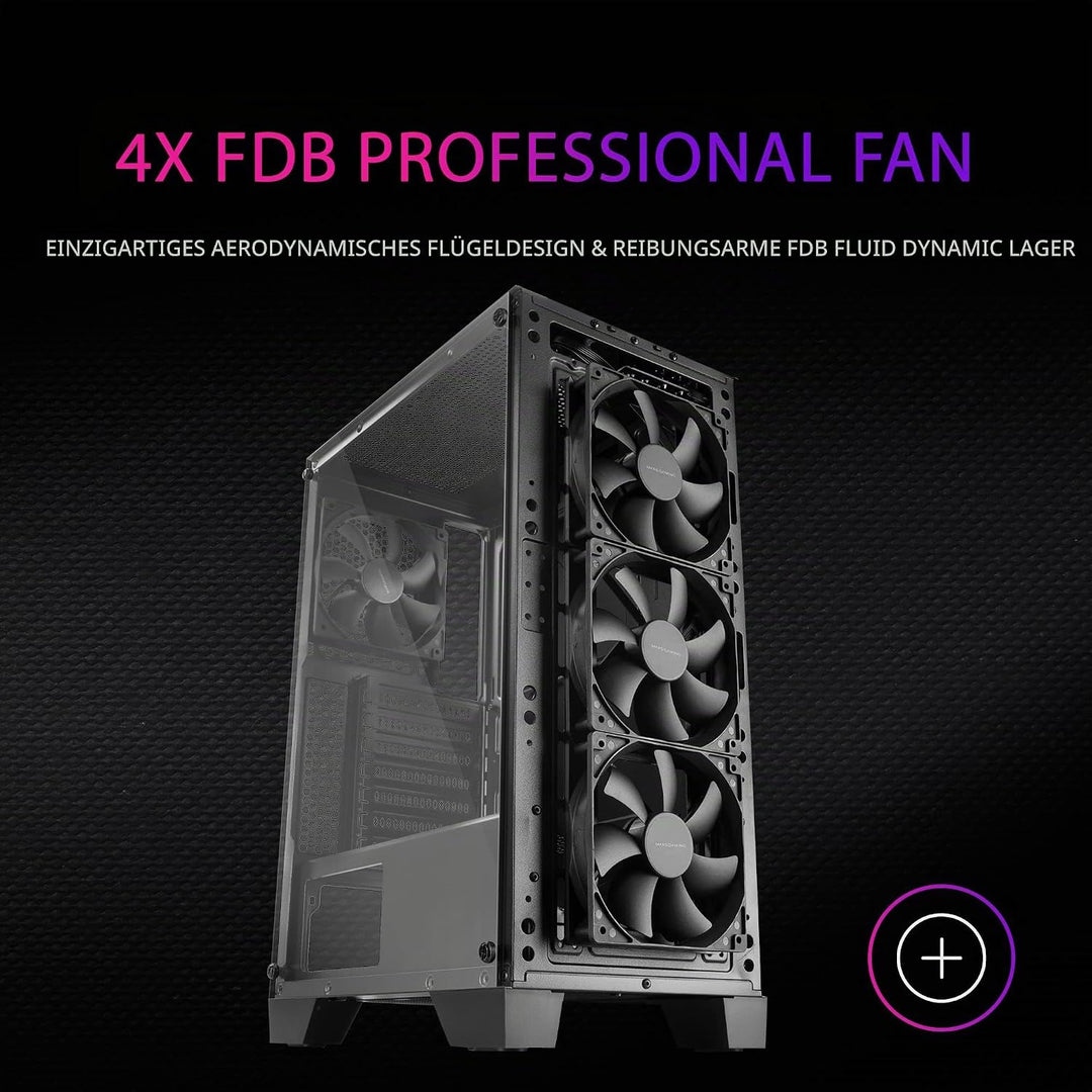 Mars Gaming MC-Master, ATX PC Gehäuse, Metall-Mesh Frontplatte, Gehärtetes Glas, 4 Ultraleise 120mm