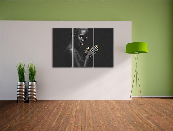 Dark Frau mit goldenen Fingerspitzen und Lippen Spezial 3-Teiler Leinwandbild 120x80 Bild auf Leinwa