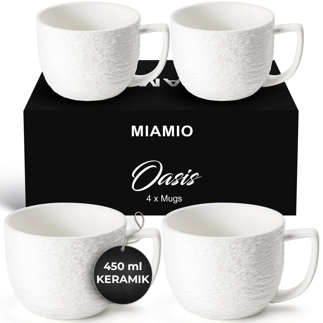 MIAMIO - Kaffee Tassen Set 4er / weisse Kaffeebecher 450 ml/Tasse für Kaffee, Latte Macchiato, Tee,