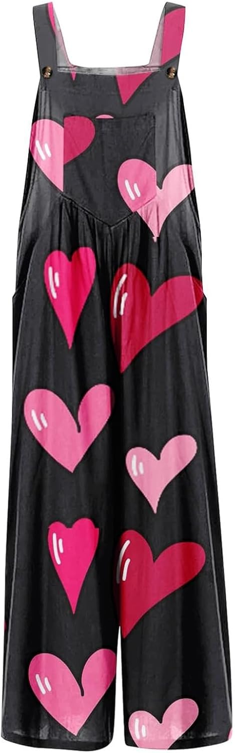 Valentinstag Jumpsuit Für Damen Herz Gedruckt Lässiger Ärmelloser Latzhose Locker Strampler Mit Tasc
