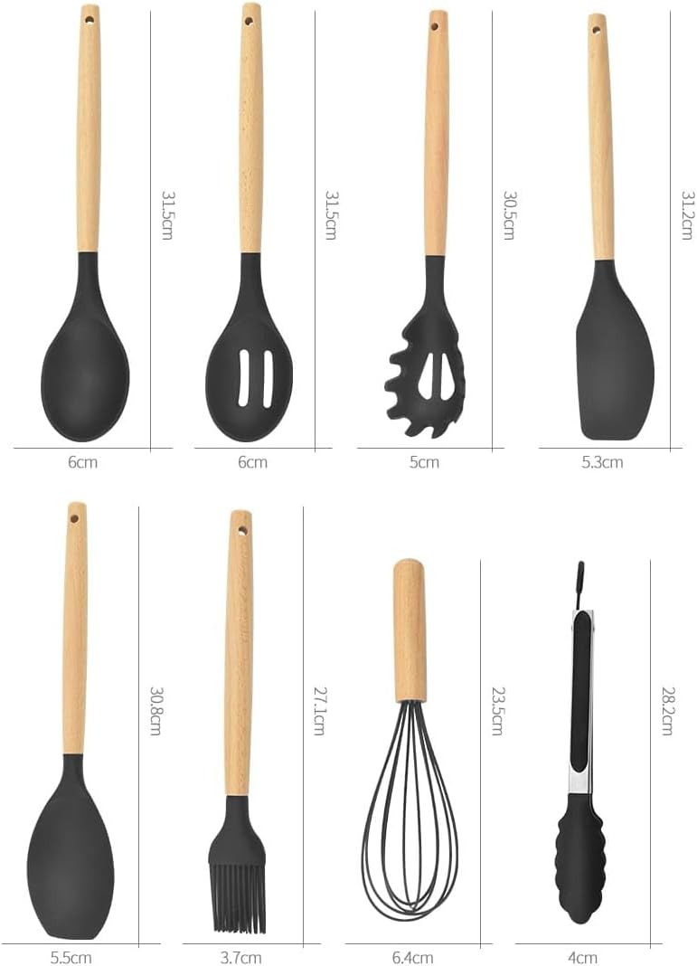 Silikon-Küchenutensilien-Set, 12-teilig, Holzgriffe, Aufbewahrungsbecher (Khaki)