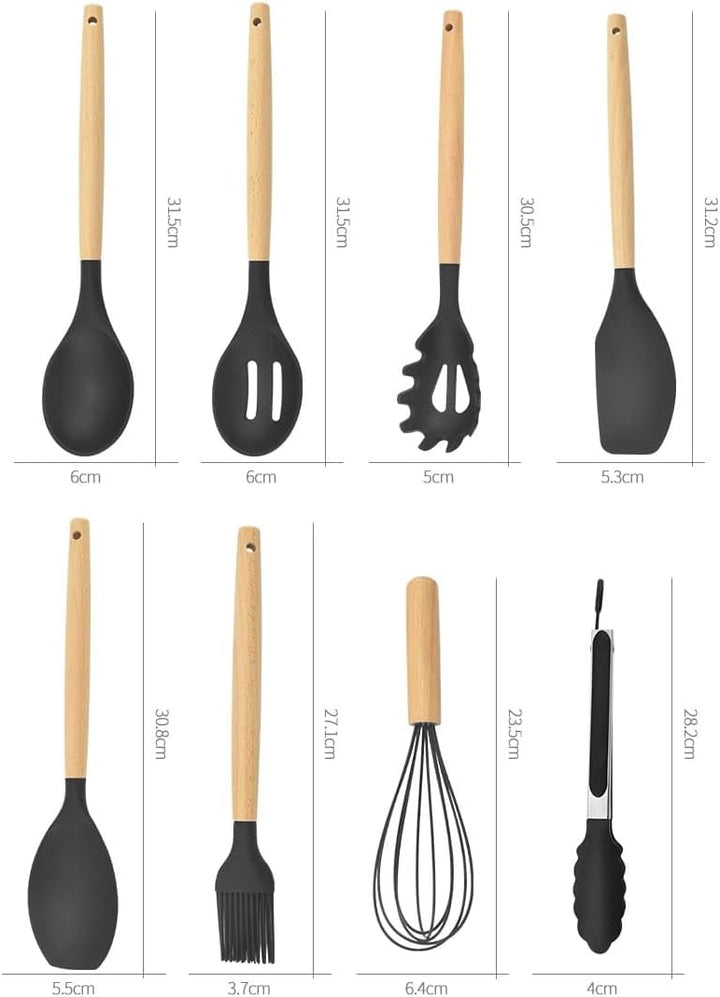 Silikon-Küchenutensilien-Set, 12-teilig, Holzgriffe, Aufbewahrungsbecher (Khaki)