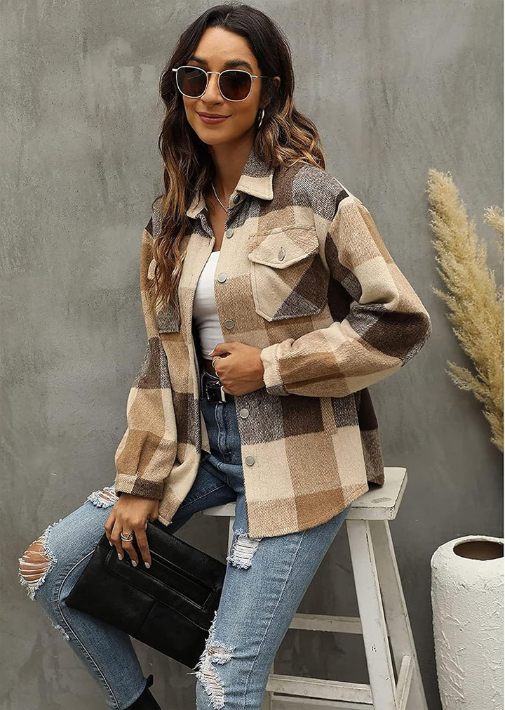 Timuspo Damen Flanell Karierte Hemdjacke Lange Ärmel Baumwolle Revers Button-Down-Bluse Shacket Mant