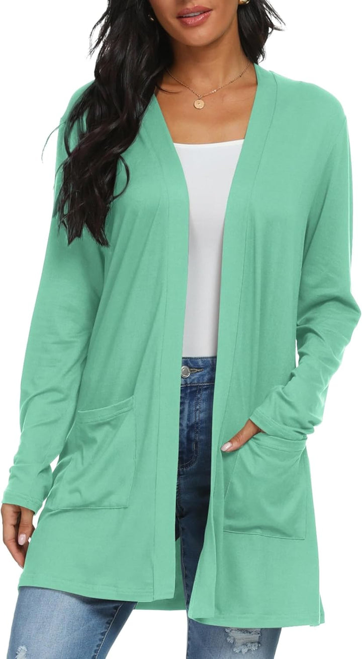 QIXING Casual Leichte Strickjacke Damen Lang Elegant Dünne Strickjacke Lange Ärmel mit Taschen Open