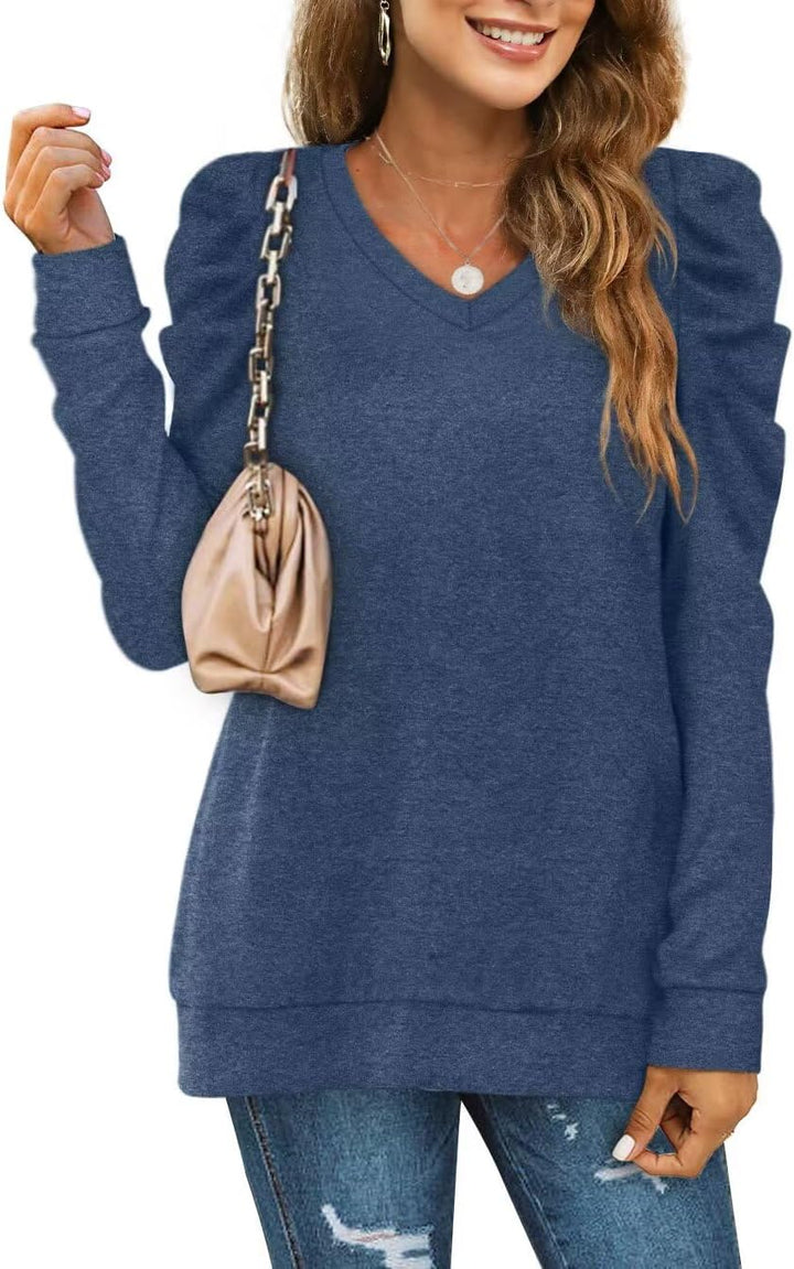 XIEERDUO Puffärmel Pullover Damen Herbst Sweatshirt Elegant V Ausschnitt Langarm Shirt Blau S, Blau