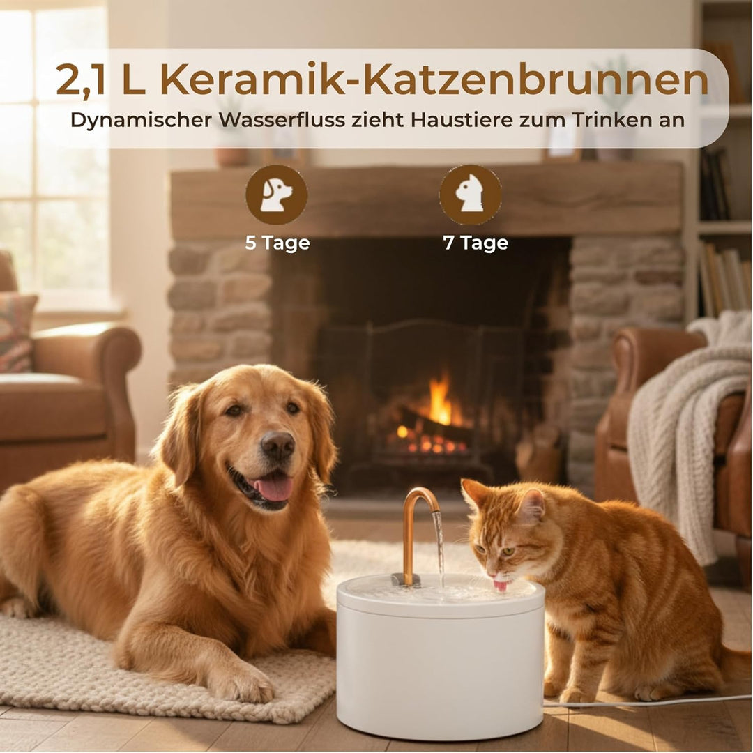 Katzenbrunnen Keramik, Trinkbrunnen für Katze 2.1L, Leiser Wasserspender Katzen, Hygienischer Pet-Br