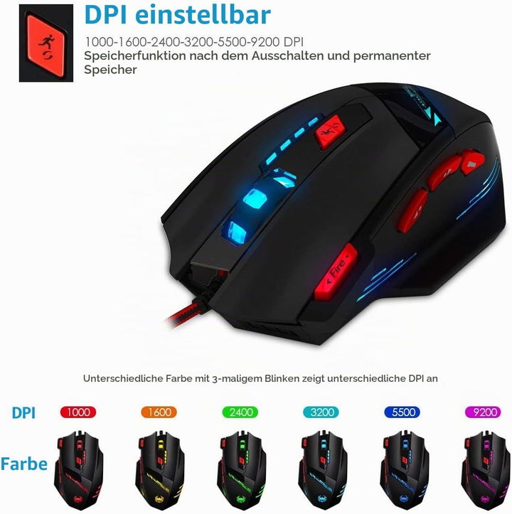 zelotes Kabelgebundene Gaming Maus mit 9200 DPI,8 programmierbarem Tasten,Verstellbarem Gewicht,RGB-