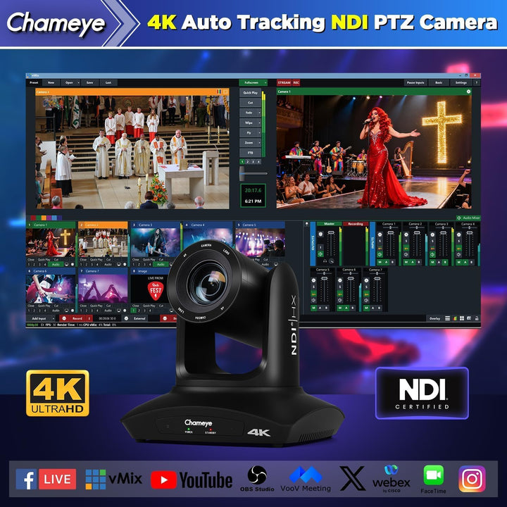Chameye 4K PTZ Kamera NDI HX KI-Tracking 20x Optischer Zoom, mit HDMI/USB3.0/LAN(PoE), für LIve-Gott