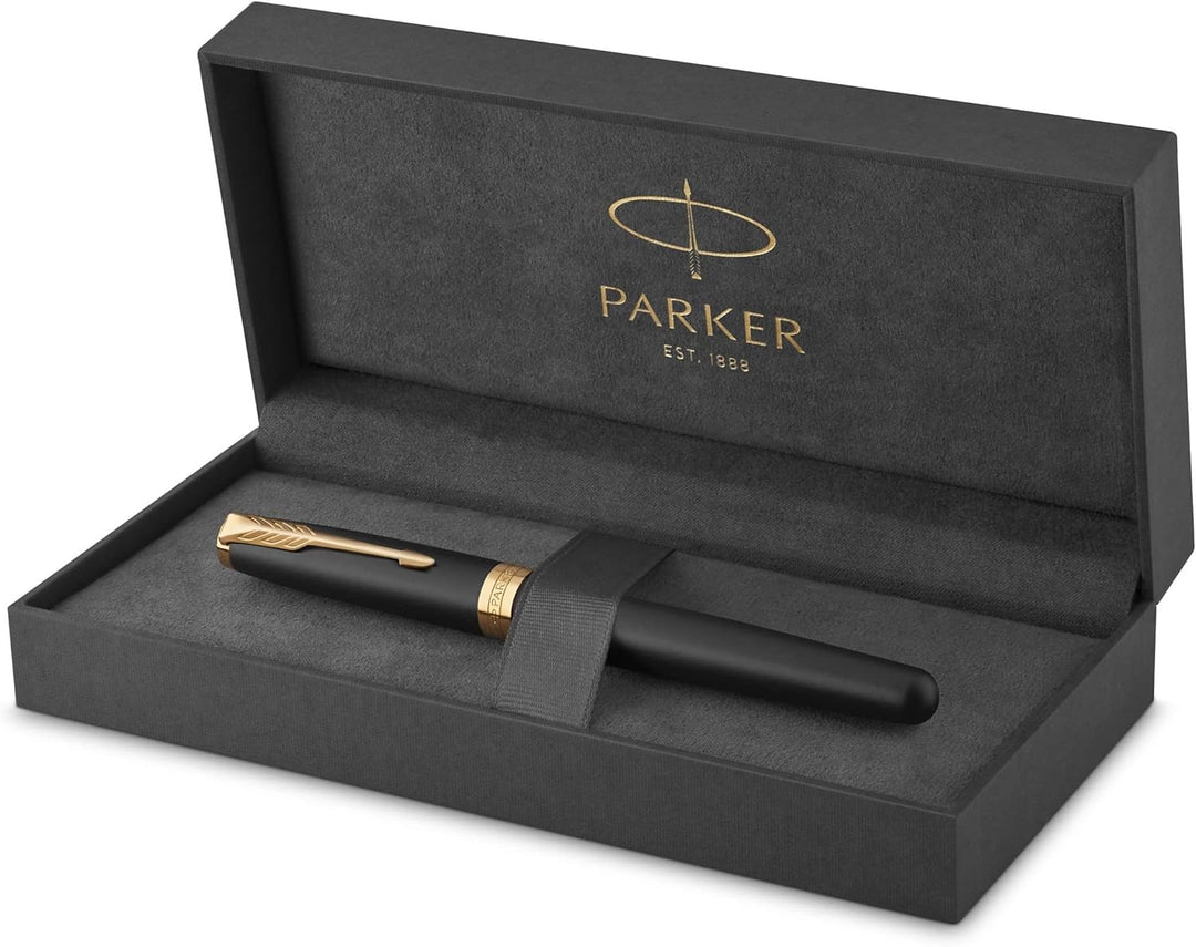 Parker Sonnet Tintenroller | Matt-Schwarze Lackierung mit Goldzierteilen | feine Spitze | Schwarze T