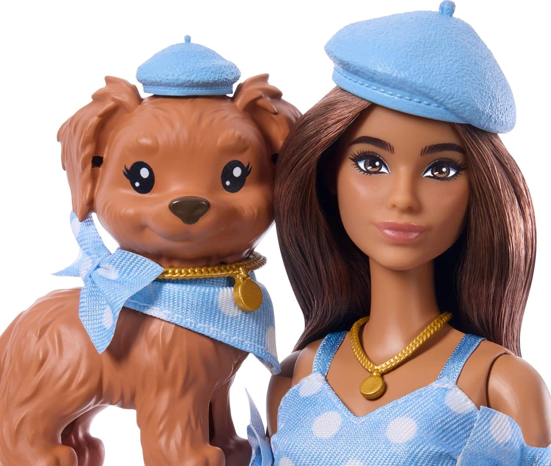 Barbie Twinning Looks Puppe mit Hündchen im Partnerlook mit blauen Pünktchen-Outfits und Accessoires