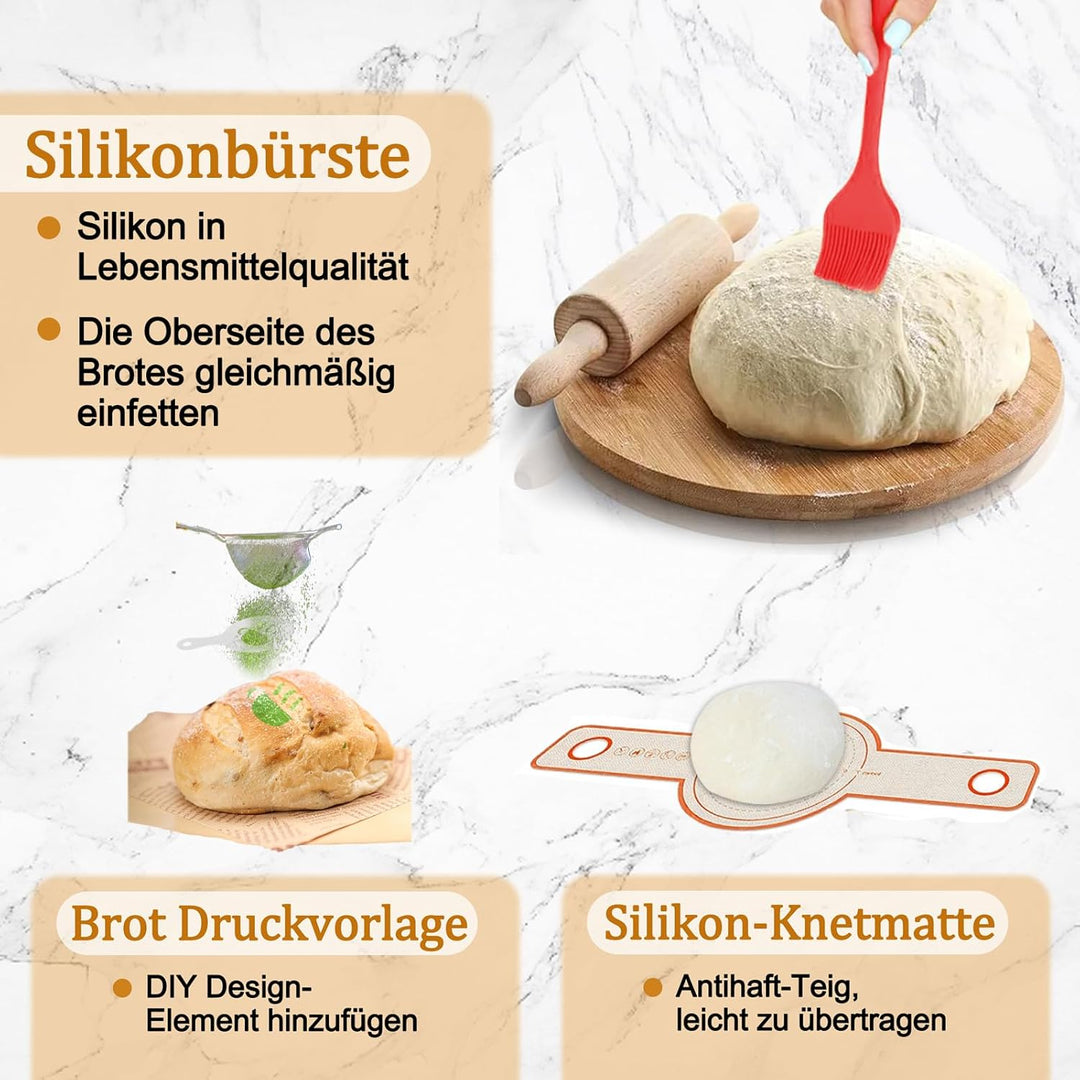 Foonary Gärkörbchen Sauerteig Starter Set 12-teilig-Sauerteig Starter Kit mit 2 Gärkörbchen (23+25cm