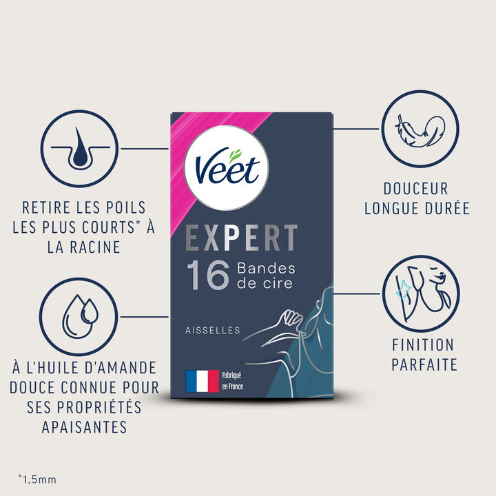 Veet Expert – 16 Kaltwachsstreifen für Achseln – empfindliche Haut – perfekte Verarbeitung – langanh