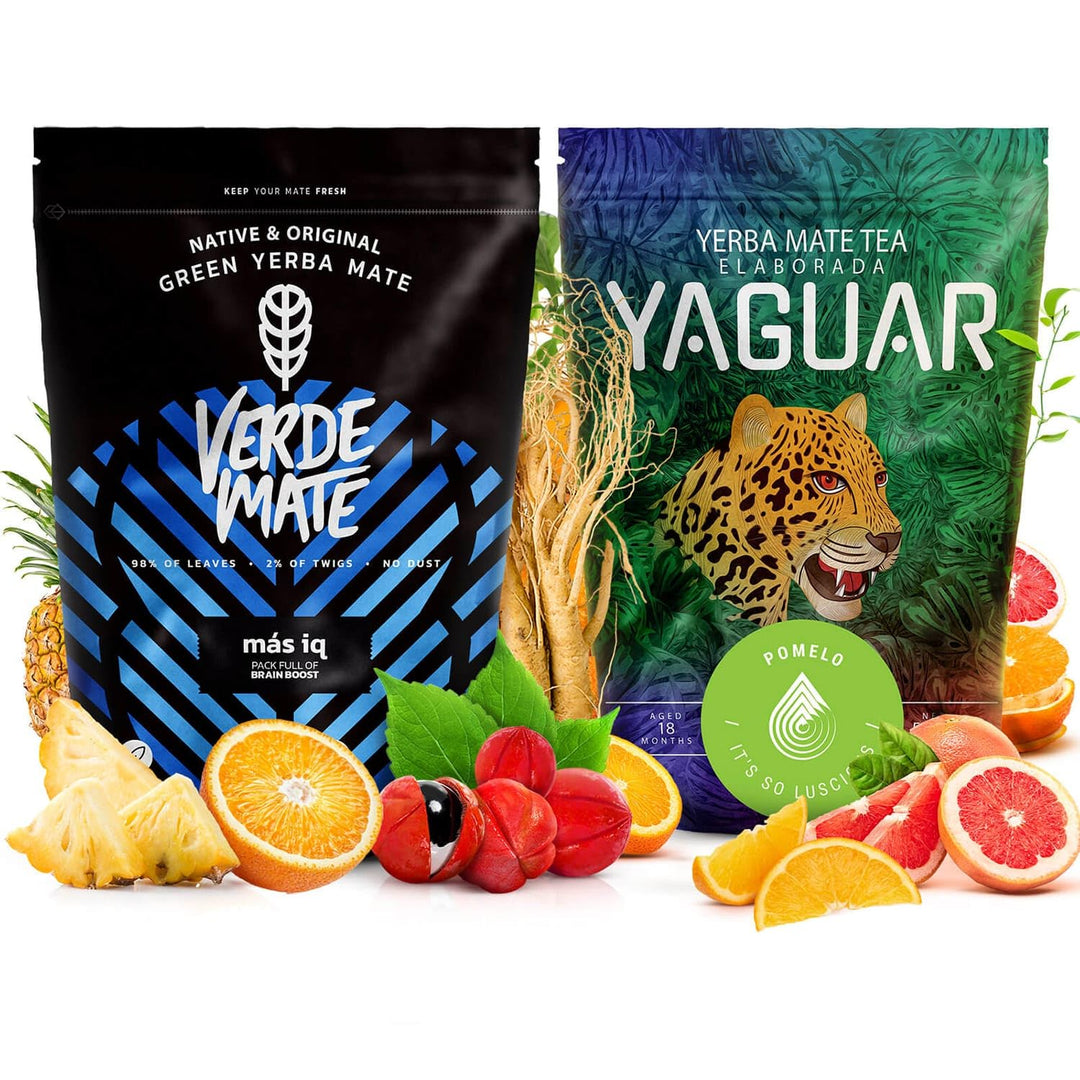 Verde Mate und Yaguar Mate Tee Set 1kg - Brasilien Yerba Mate Pomelo, Mas IQ - 5mm Grobe Blätter - L