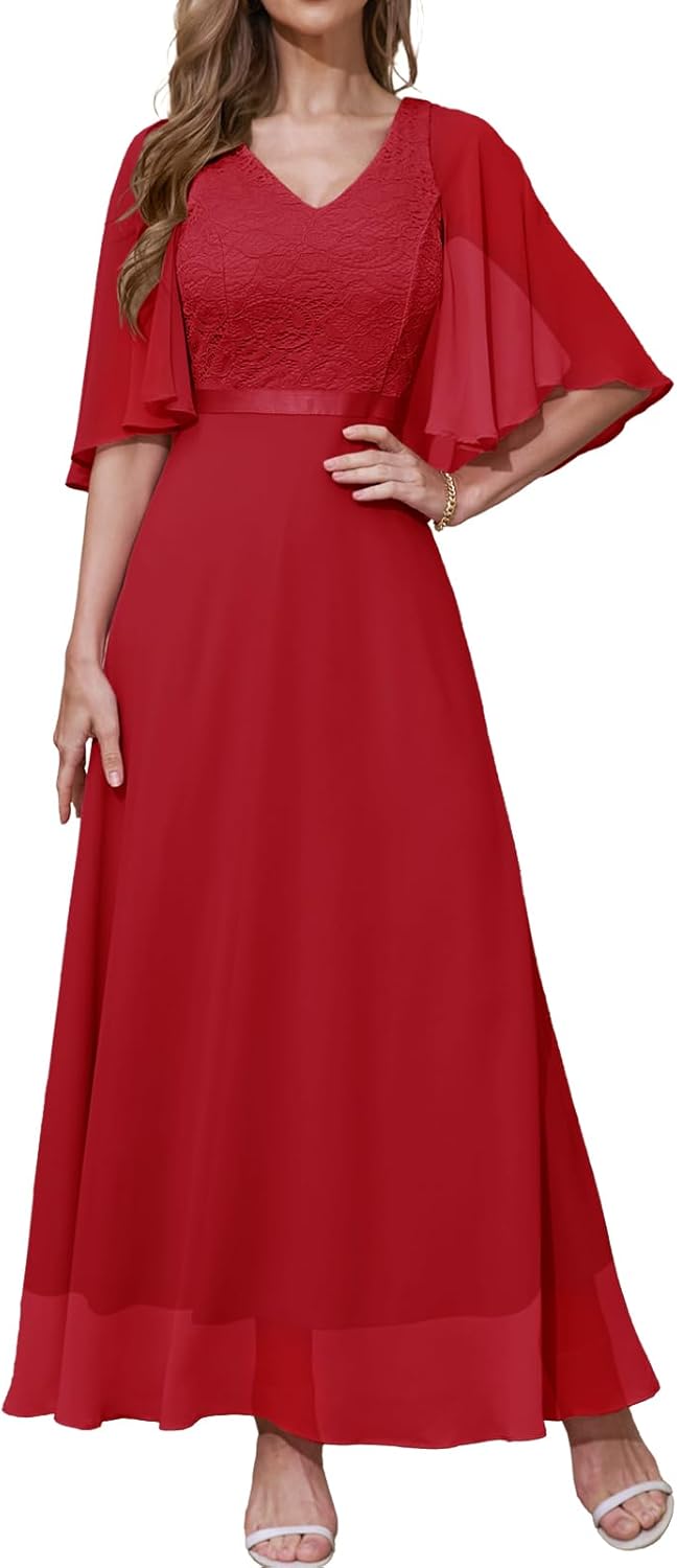DRESSTELLS Abendkleid Damen Festlich Spitzenkleid für Hochzeit Chiffon Cape Ärmel Ballkleid Elegant