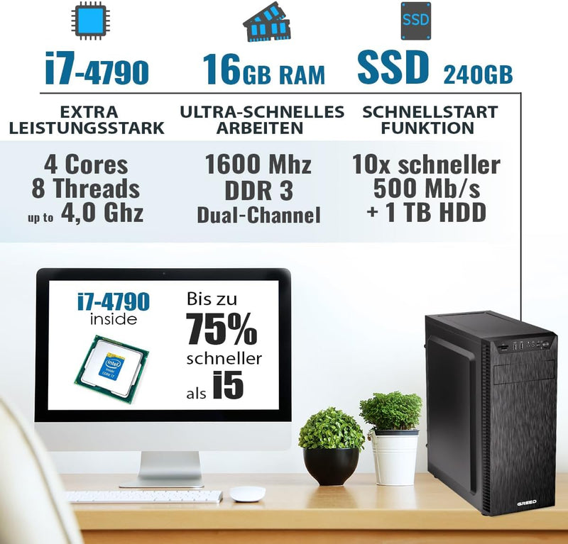 GREED® Multimedia PC mit Intel Core i7 4790 - Schneller Rechner + Computer für Büro & Home Office mi