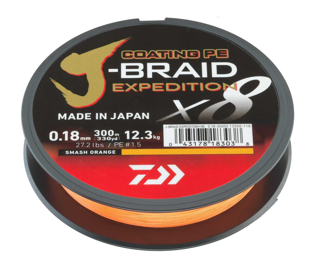 DAIWA J-Braid Expedition X8E, 300m, Smash Orange, Geflochtene Angelschnur 300m / 0,06mm / 5,2kg / 11