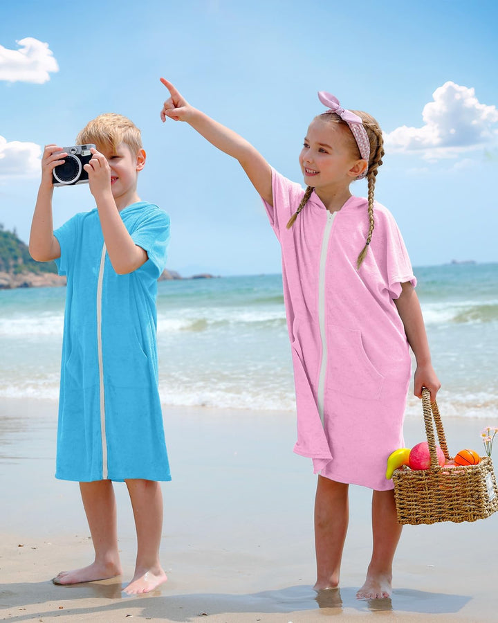 BesserBay Mädchen Badeponcho Kapuze Poncho mit Taschen Zip Cover Up Kinder Unisex 120-160 130 Hellro