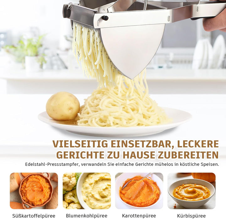 Kartoffelpresse Edelstahl mit Silikongriff, Schäler, Reinigungsbürste und Schaber, Robust - Spätzlep