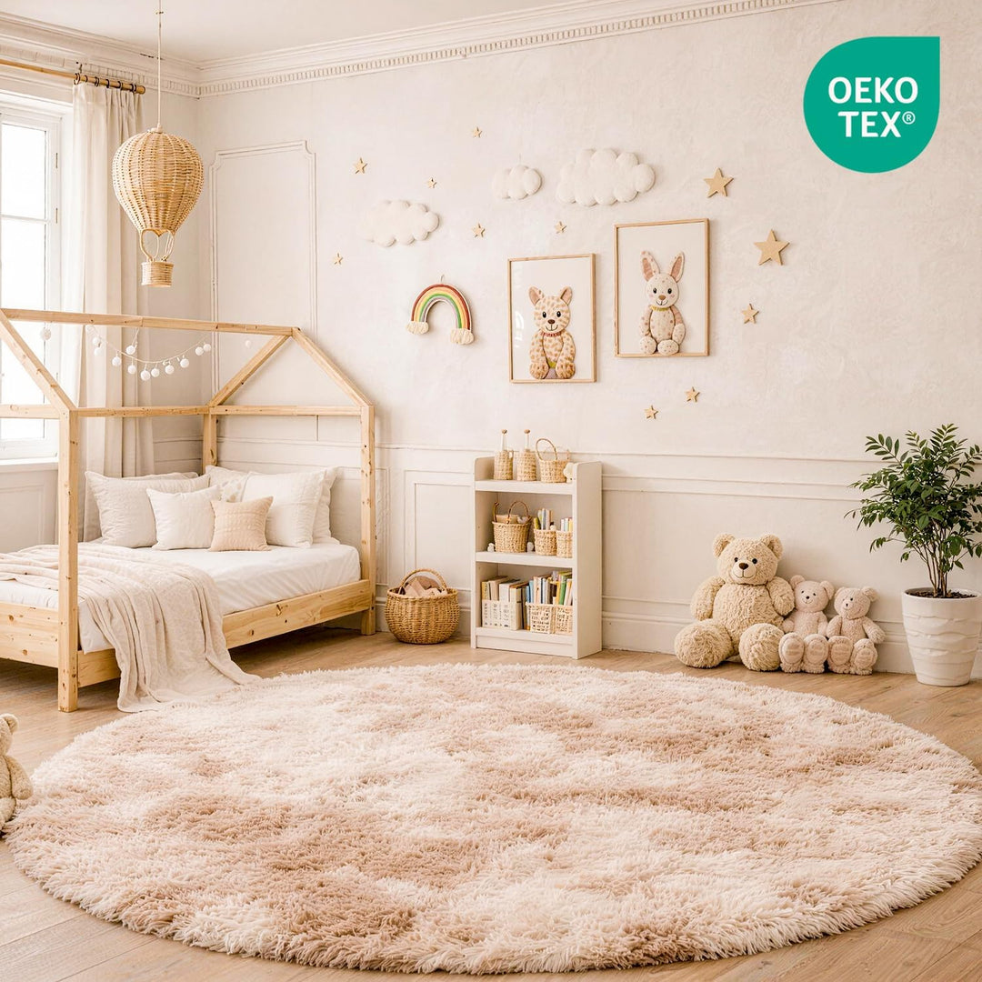 Teppich Kinderzimmer Khaki Ø 100 cm Flauschig Weich | Hochflor-Teppich, waschbar, rutschfest, kusche