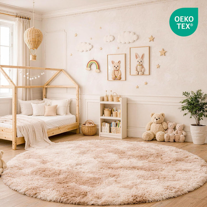 Teppich Kinderzimmer Khaki Ø 100 cm Flauschig Weich | Hochflor-Teppich, waschbar, rutschfest, kusche