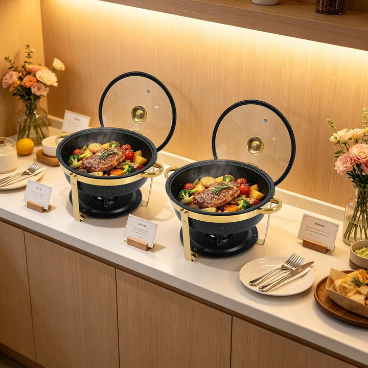 2er Warmhaltebehälter Essen, 5L Rund Edelstahl Chafing Dish Set mit Glasdeckel, Kalt &amp; Heiss Stapelb