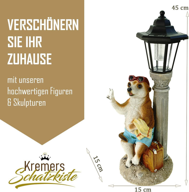 Kremers Schatzkiste Erdmännchen Urlauber mit Solarlaterne Figur Gartenfigur 45 cm Garten