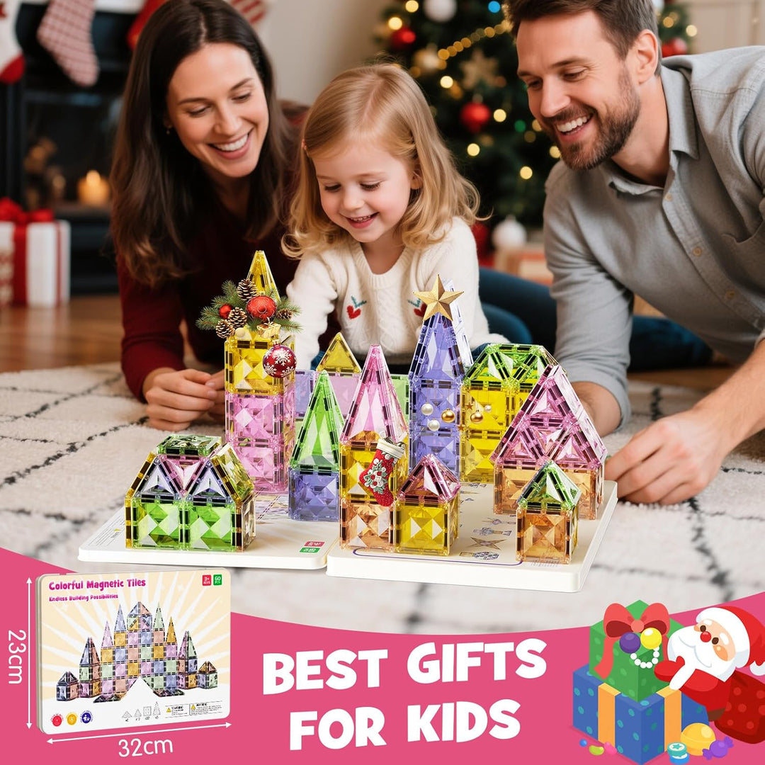 Magnetische Bausteine, 60 Teile Magnetspielzeug Tiles Magnetbausteine Kinder mit grossem Eisenkasten