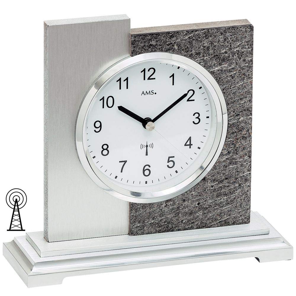 AMS 5150 Tischuhr Funk Silbern Modern in Naturstein-Optik mit Aluminium Auflage