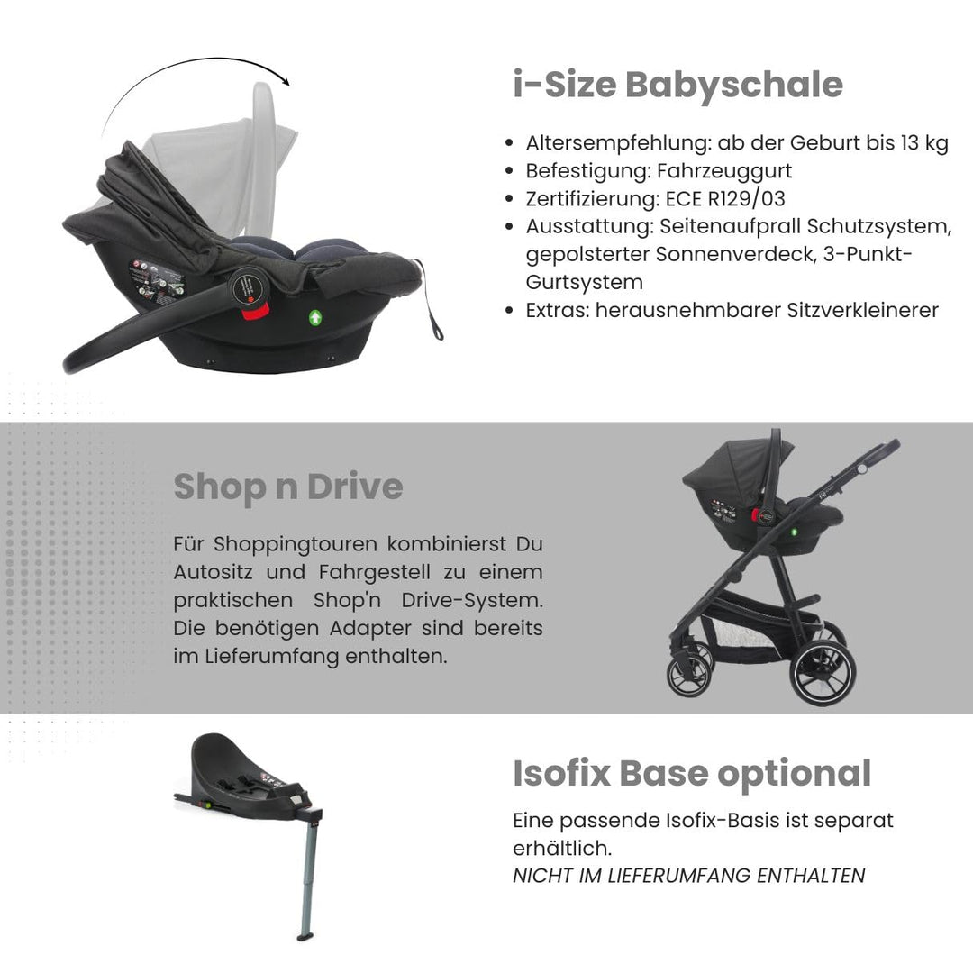 Fillikid 4-1 Kombi-Kinderwagen-Set Fill Jaguar mit Sportsitz, Babywanne mit Matratze, Babyschale, Wi
