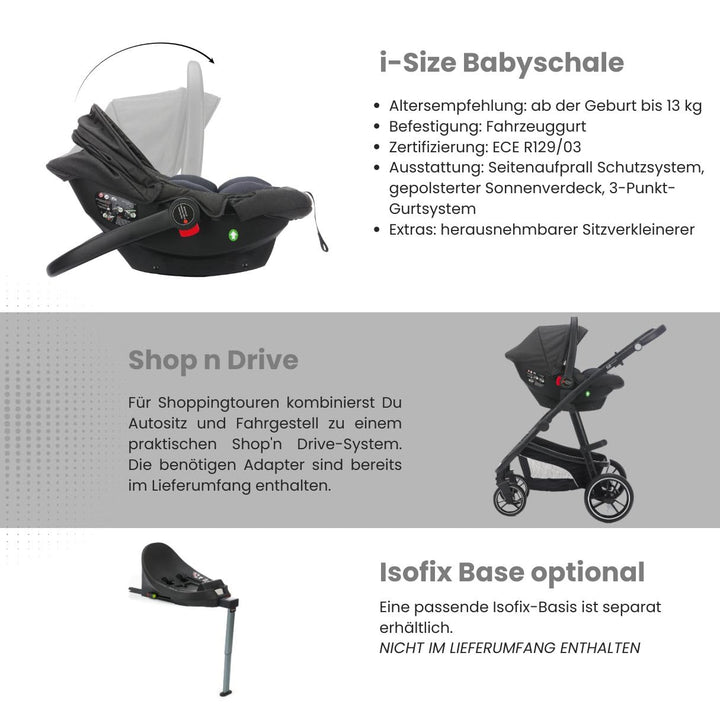 Fillikid 4-1 Kombi-Kinderwagen-Set Fill Jaguar mit Sportsitz, Babywanne mit Matratze, Babyschale, Wi