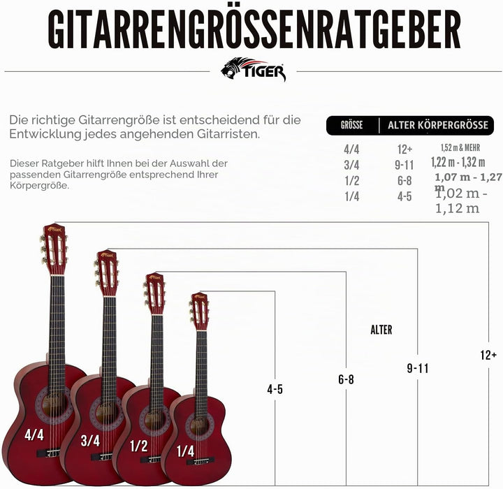 TIGER 1/2 Grösse Klassikgitarrenset, Rot, rot