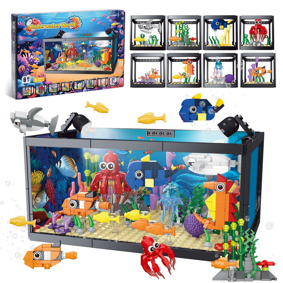 8-in-1 Aquarium Fish Tank Baustein mit LED Licht, einschliesslich Meeresquallen, Fischen, Tierbauspi