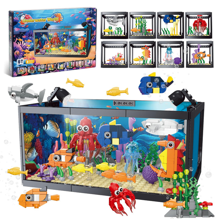 8-in-1 Aquarium Fish Tank Baustein mit LED Licht, einschliesslich Meeresquallen, Fischen, Tierbauspi
