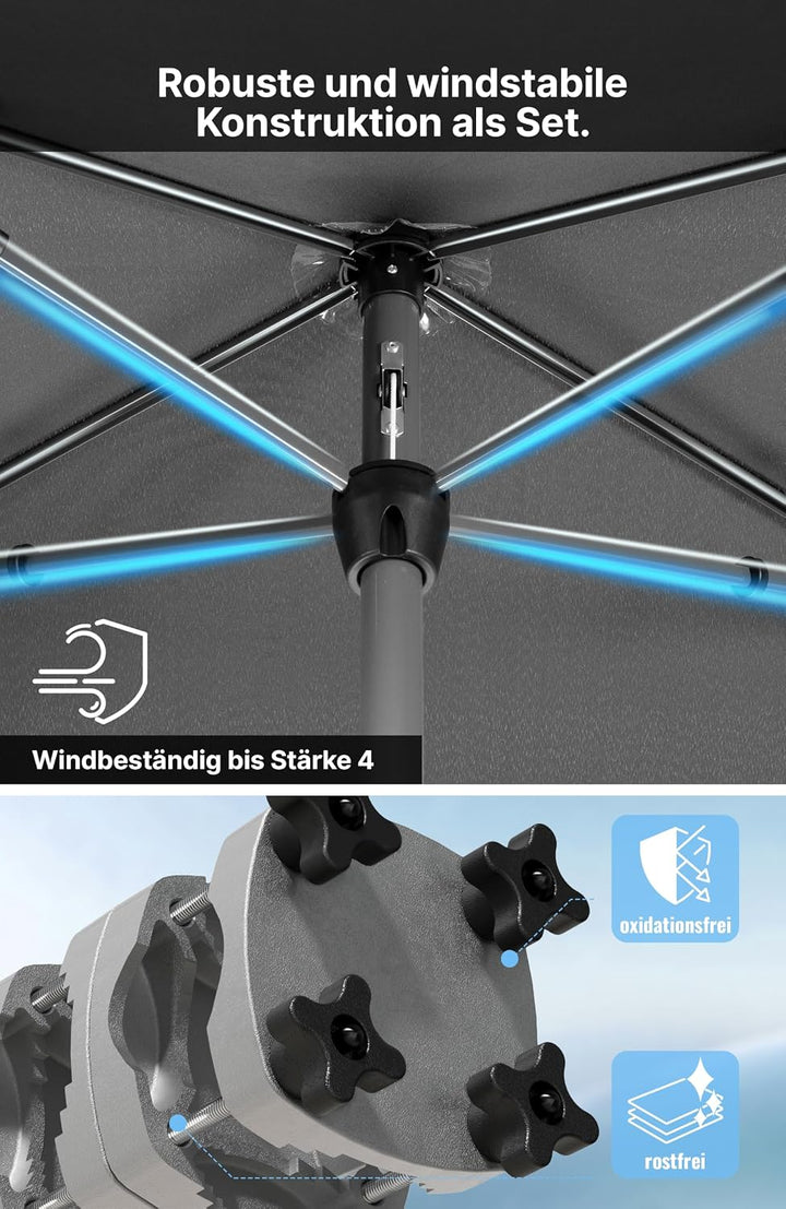 4smile SunnyShade Sonnenschirm Balkon mit Halterung im 3-er-Set, Anthrazit, 200x125 cm, UV 50+, Balk