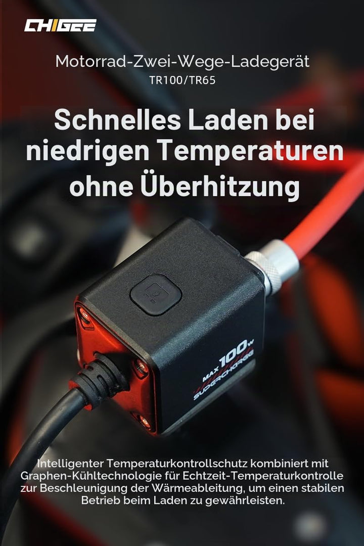 CHIGEE TR100 Next-Gen Motorrad-Batterieladegerät, 100 W, ultrakompakt & leicht, Notladung, niedrige