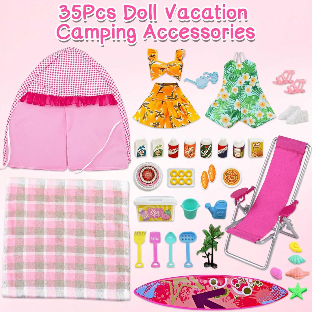 35 PCS Kleidung Camping Sets Kompatibel mit Barbie 11,5 Zoll Puppen, 1 Zelt, 1 Picknickdecke, 1 Stuh