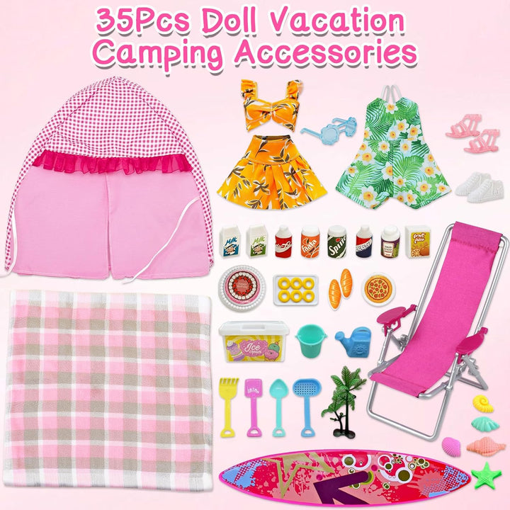 35 PCS Kleidung Camping Sets Kompatibel mit Barbie 11,5 Zoll Puppen, 1 Zelt, 1 Picknickdecke, 1 Stuh