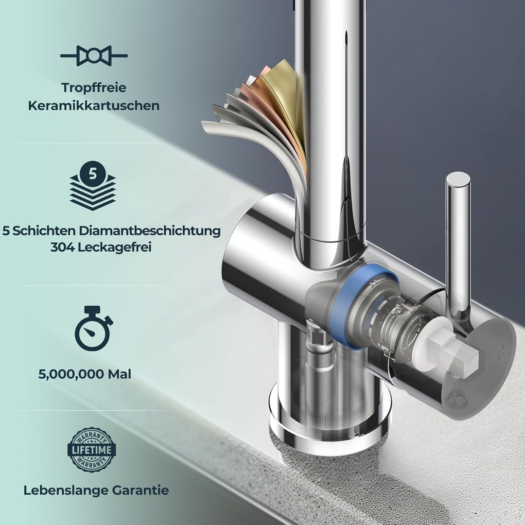 FORIOUS Küchenarmatur, Wasserhahn Armatur Küche Ausziehbar Brause, Einhebel Mischbatterie Spülarmatu