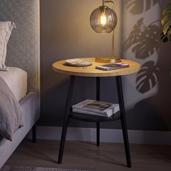 Beistelltisch Rund, Couchtisch Klein mit 2 Etagen, Runder Holz Beistelltisch im Vintage Stil, Eiche