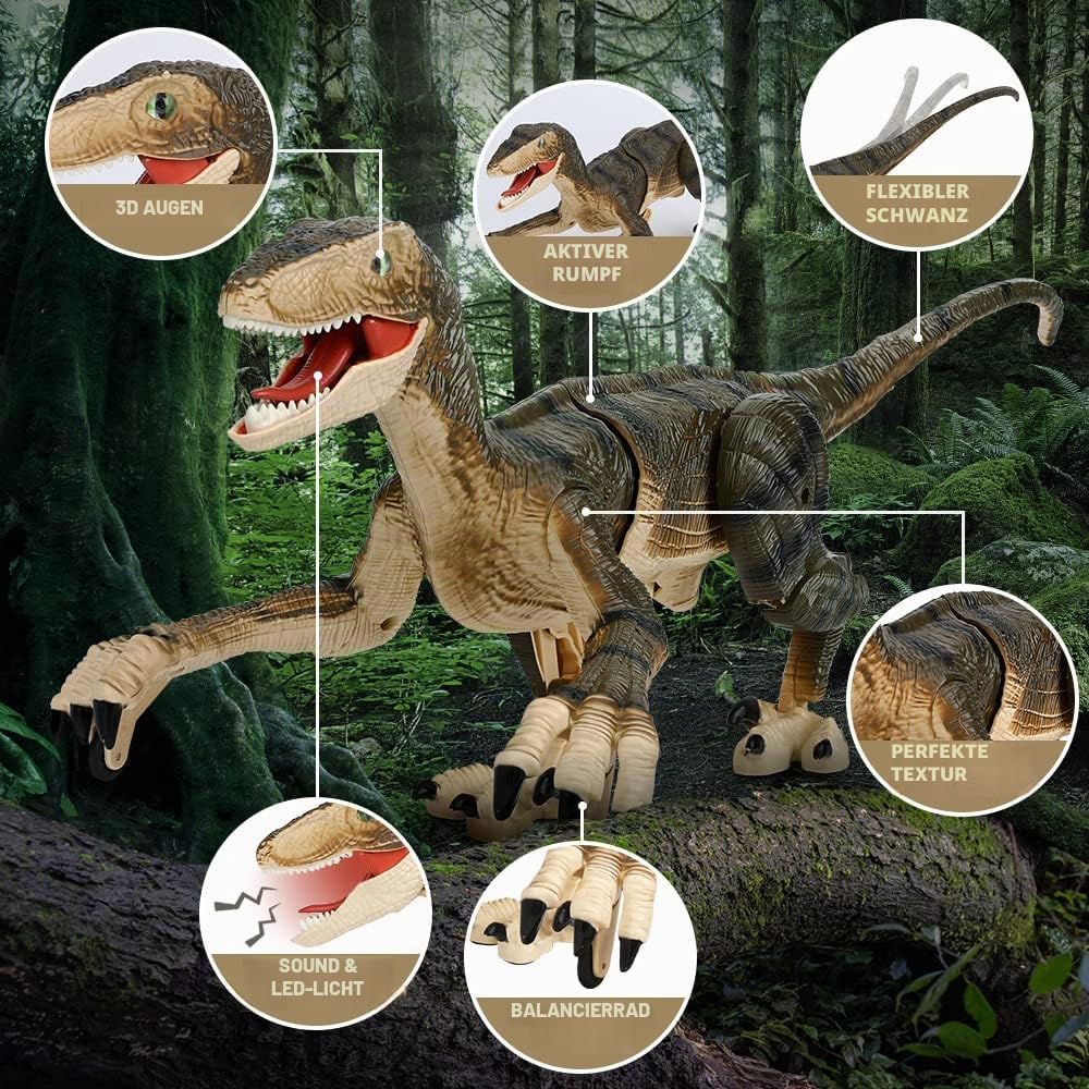 FRUSE Ferngesteuerter Dinosaurier Spielzeug, 2.4 GHz Realistische Velociraptor Roboter mit Gehen, Br