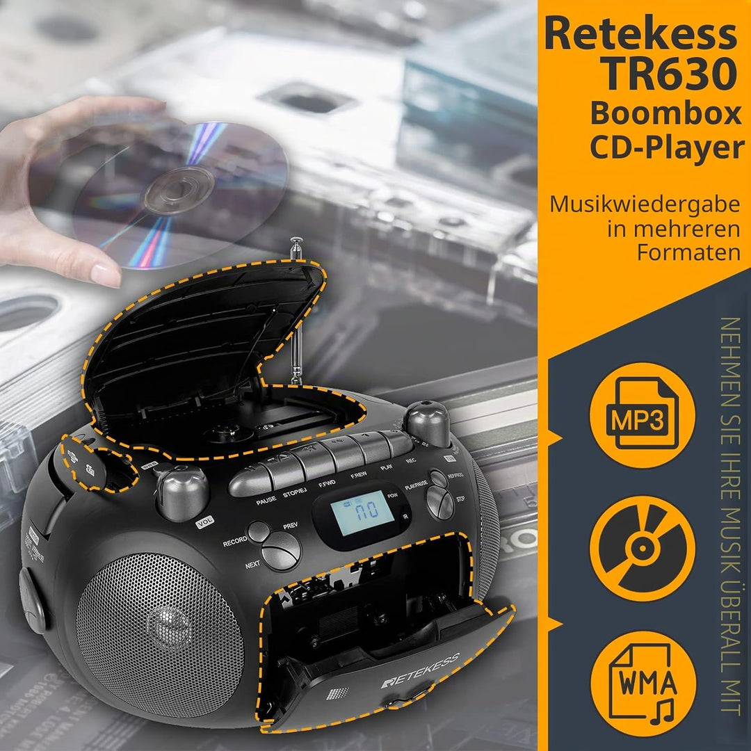 Retekess TR630 CD Player mit Kassette, Radio Batteriebetrieben, Kassettenrecorder, mit Fernbedienung