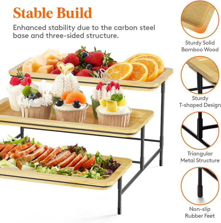 Lifewit 3 Etagen Bambus Servierplatte, 30 x 17 cm Serviertablett mit Schwarzer Metallständer für Par