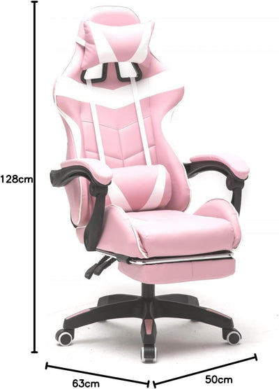 Gaming Stuhl mit Fussstütze Cyclone Teenager - Bürostuhl - Racing Gaming Stuhl - Rosa Weiss