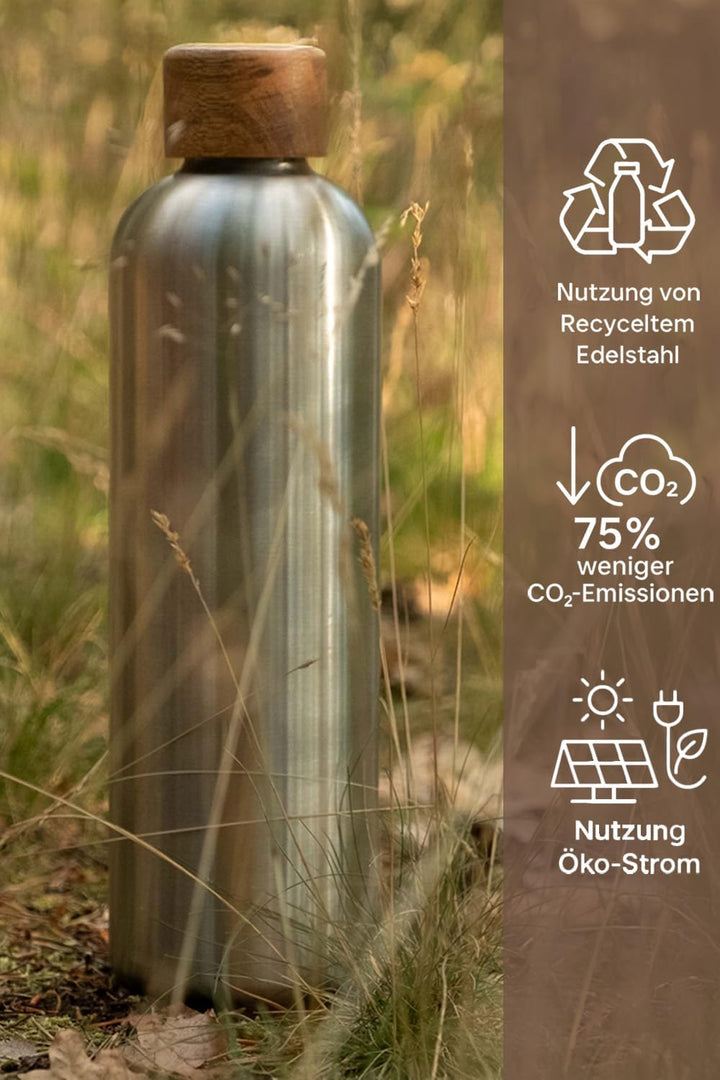T&amp;N Edelstahl Trinkflasche 750ml, Thermosflasche 0.75l mit Akazienholz Deckel, Isolierte Wasserflasc