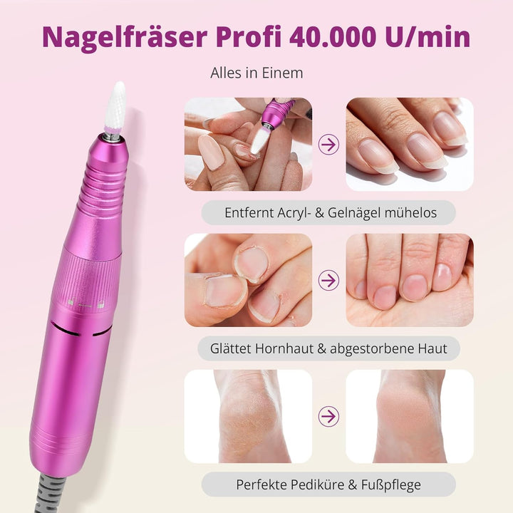 Nagelfräser Elektrisch 40.000 U/Min mit LED Display, Profi Nagelbohrer für Gel- & Acrylnägel, Wieder