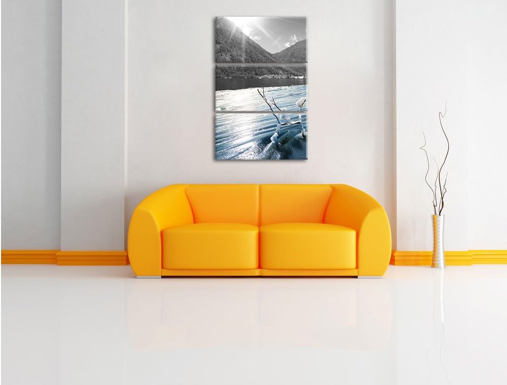 Pixxprint Ruhiger See im Winterwald als Leinwandbild/Grösse: 3 Teilig (120x80) cm/Wandbild/Kunstdruc