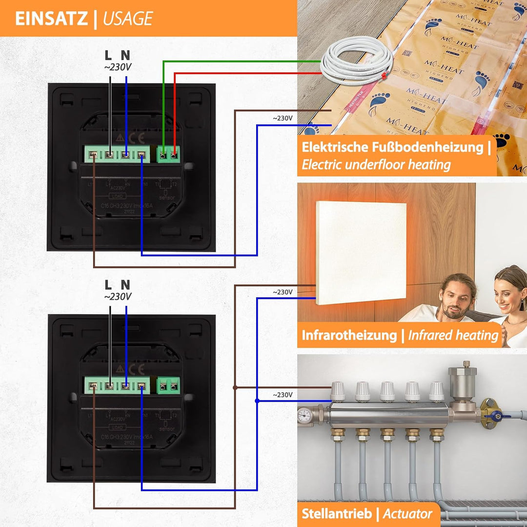 Digitales Unterputzthermostat Thermostat schwarz 8cm Bildschirmdiagonale für Antriebssteuerung elekt
