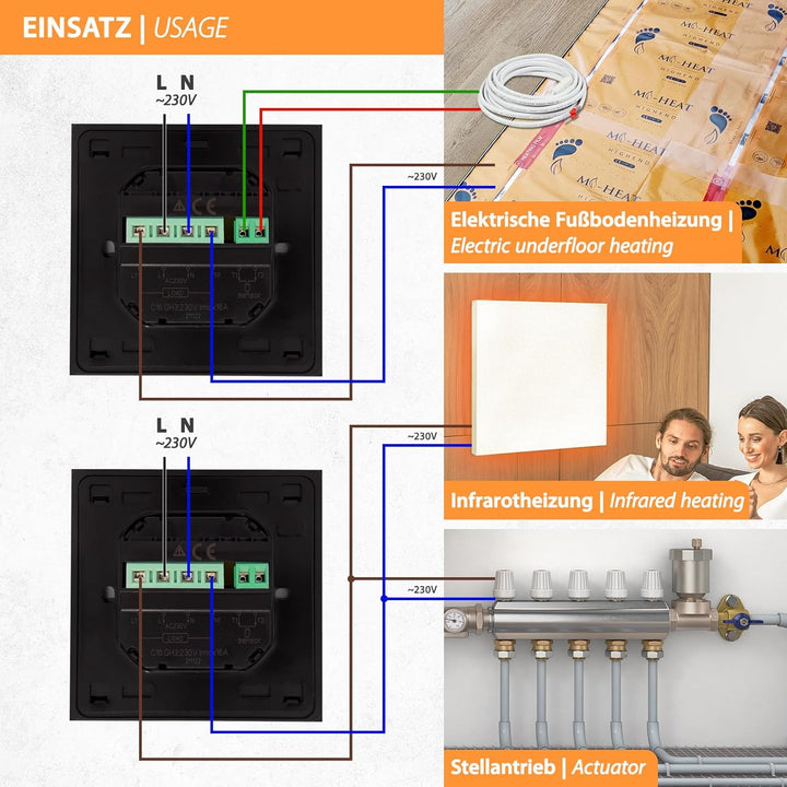 Digitales Unterputzthermostat Thermostat schwarz 8cm Bildschirmdiagonale für Antriebssteuerung elekt